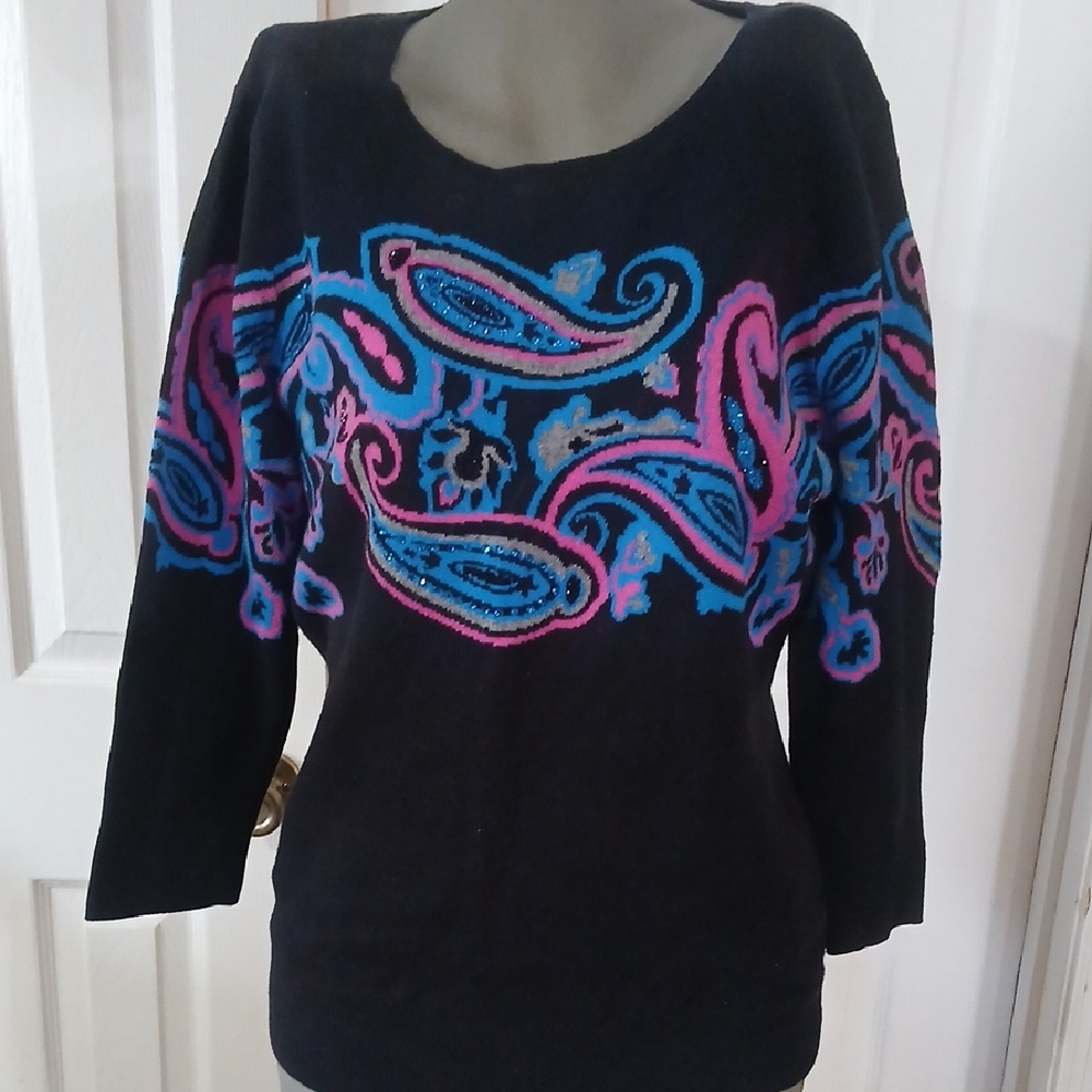 Cynthia Rowley Black Sweater with Blue and Pink Accents
